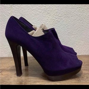 Stuart Weitzman Purple Suede Open Toe 5" High High Heel Bootie Shoe Size 7.5.